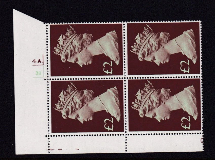 GB QE2 1977 Machin High Values £2 4A3B dot plate block 4 UM MNH - Image 1 of 1