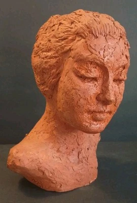 Female Clay Bust Sculpture Portrait Girl Terracotta Statue Art 9.5" IVE SIGNED - Image 1 of 4