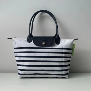 LONGCHAMP Le Pliage Medium Shopping Shoulder Tote Bag Mariniere Navy White Nylon - Picture 1 of 15
