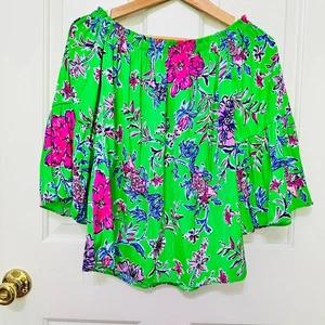 LILLY PULITZER NEVIE GECKO GREEN FLORAL OFF THE SHOULDER BOHO TOP XS $118 - Picture 1 of 7