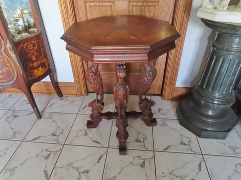 ANTIQUE CARVED WITH RAM HEADS AND PELIKANS,INLAID TOP LAMP TABLE Cover