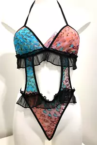 Black & Lilac All In One Teddy UK 10 Peacock Sheer Halterneck Sexy thong back - Picture 1 of 6