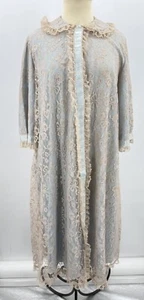Vintage ODETTE BARSA Lingerie Long Robe Beige Lace Over Blue Brushed Cotton - Picture 1 of 19