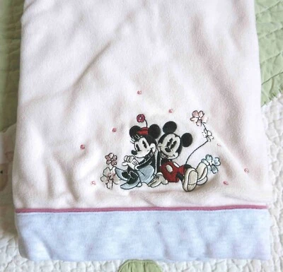 Disney Mickey & Minnie Mouse Pink Fleece Gray Cotton Baby Girl Blanket w Flowers - Image 1 of 3