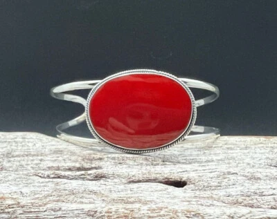Brazalete brazalete hecho a mano de plata de ley 925 con piedras preciosas de coral rojo de buen aspecto RM-25 Foto 1 de 4