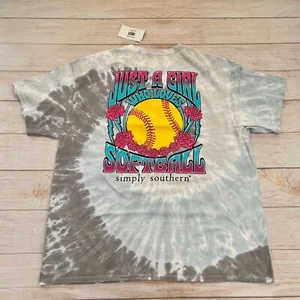 Simply Southern Just Girl Who Love Softball Tye Dye Gray T-Shirt - Picture 1 of 21