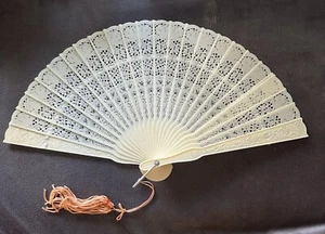 Vintage Plastic Celluloid Hand Fan with Tassel Made in Hong Kong Fake Ivory 8” - Picture 1 of 6