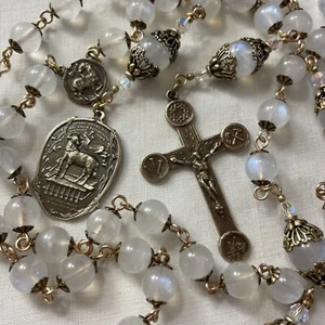 Easter Rosary Agnus Dei Rainbow Moonstone, Crystal, Solid Bronze - Glorious! - Picture 1 of 10
