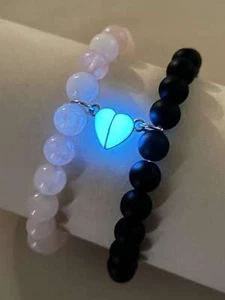 2pcs Couple Glow In The Dark Heart Charm Beaded Bracelet Women Bracelet - Picture 1 of 10