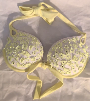 Top de bikini Victoria's Secret blanco amarillo con apliques florales 34B push-up con aros Foto 1 de 4