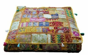 Indian square 35" Vintage Yellow cotton patchwork heavy duty ottoman puff cover - Picture 1 of 4