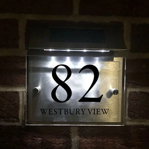 Personalised Solar Light Door Sign LED Illuminated House Number Plaque Outdoor - Picture 1 of 8