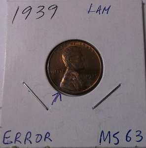 1939 Wheat Cent UNC. (Error Lamination obv.) - Picture 1 of 3