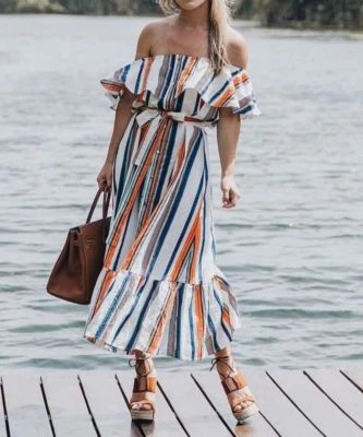 Moon River Delight Women's Dress Medium Striped Off Shoulder Midi $95 Ships Fast - Изображение 1 из 4