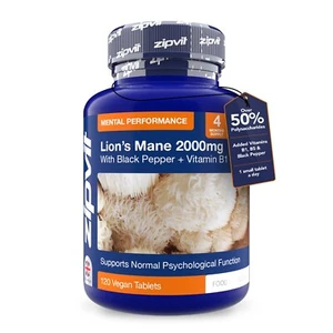 Zipvit Lions Mane Mushroom Extract Tablets 2000mg, Black Pepper Vitamin B1 & B5 - Picture 1 of 8