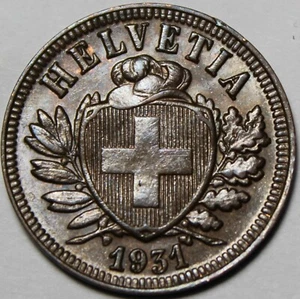 Switzerland 2 Rappen, 1931 Unc ~Almost 90 Years Old~Original Mint Luster~Fr/Ship - Picture 1 of 2