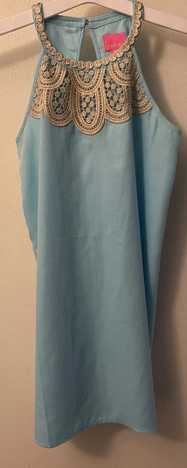 LILLY PULITZER Niñas 14 Sólido BALI AZUL MINI VESTIDO RECTO PERLA Dorado Encaje PASCUA Foto 1 de 4