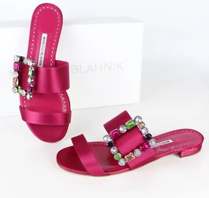 NEW MANOLO BLAHNIK Crystal Buckle Stylish Slide Sandals, Pink, EU 37.5, MSRP$895 - Picture 1 of 12