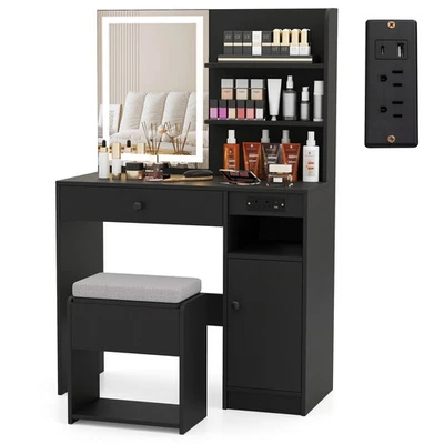 Vanity Desk Set w/Mirror & Lights Power Outlet Cushioned Stool Drawer & Shelves - Image 1 of 4