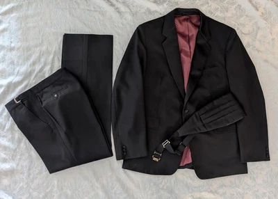 Vintage Black Wool Blend Tuxedo Suit 3 Piece Hungary 42R Adjustable Waist 32-38 - Image 1 of 4