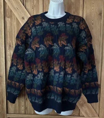 CONCEPT KNITWEAR VTG Blue Fall Leaf Print Sweater Pullover Wool XL BRITAIN - Image 1 of 4