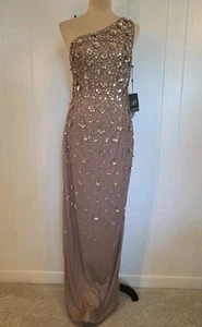 Adrianna Papell One Shoulder Perlen langes Kleid Stein Beige Größe 6 Neu mit Etikett - Bild 1 von 10
