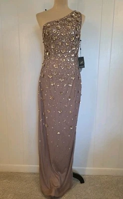 Adrianna Papell One Shoulder Beaded Long Dress Stone Beige Size 6 NWT - Image 1 of 4