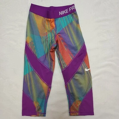 Nike Pro Niñas Talla Mediana Multicolor Leggings Malla Púrpura Capri Activo Juvenil Foto 1 de 4