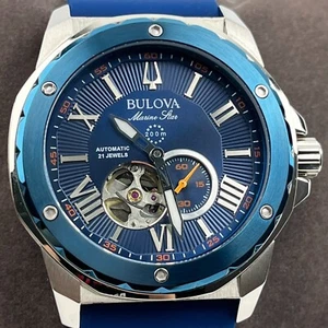 Bulova Marine Star Automatic 45mm Blue Dial Blue Rubber Strap Men's Watch 98A303 - Picture 1 of 7