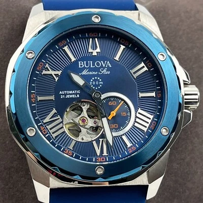 Bulova Marine Star Automatic 45mm Blue Dial Blue Rubber Strap Men's Watch 98A303 - Image 1 of 4