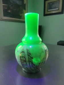 Rare Antique Rindskopf Uranium Glass, Iridescent Art Vase Bohemian 9" Tall EUC - Picture 1 of 23
