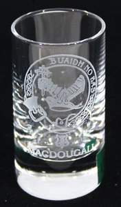 COLLINS CRYSTAL SCOTLAND SHOT GLASS ETCHED CLAN NAME & CREST - MACDOUGALL - Picture 1 of 8