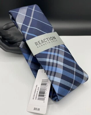 Corbata Kenneth Cole REACTION 100 % poliéster para hombre ~ azul ~ Union Plaid ~ precio de venta sugerido por el fabricante: $55. Foto 1 de 3