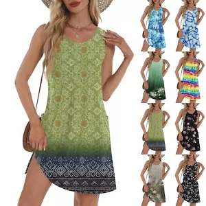 Women's Casual Sundress With Pockets Summer Boho Beach Dress T-Shirts Dress V - Picture 1 of 36