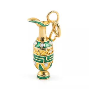 Greek Amphora Pendant 14k Solid Gold - Green enamel - Meander Symbol - Ancient - Picture 1 of 9