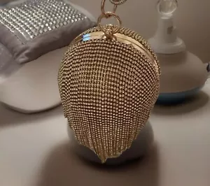 Women’s Gold Diamante Evening Bag Round Hard Case Removable Strap Disco Clutch - Picture 1 of 21