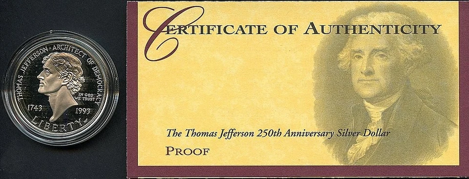 1993 Proof Thomas Jefferson 250th Anniversary Silver Dollar - OGP + COA - Image 1 of 1
