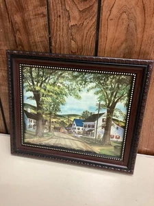Pintura al óleo vintage de paisaje de camino rural firmada enmarcada árboles casas pueblo - Imagen 1 de 11