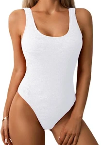 Traje de baño Limeeke para mujer de una pieza liso acanalado monokini traje de baño cuello redondo pequeño - Imagen 1 de 5