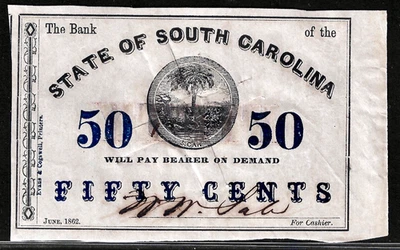 June 1862 Charleston SC South Carolina 50¢ Cents Note Obsolete Banknote - Image 1 of 2
