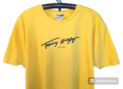 Camisa de Colección TOMMY HILFIGER Y2K Bordada Script Logo Para Hombre Talla XL Amarillo Azul Foto 1 de 4