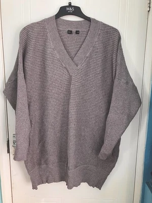 F&F 20 Taupe Light Brown Knitted Jumper Long Tunic Ribbed Slouchy V neck F+F - Image 1 of 4