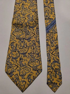 SALVATORE FERRAGAMO Mens 100% Silk Necktie ITALY Luxury YELLOW BLUE TIE  WOMEN  - Image 1 of 4