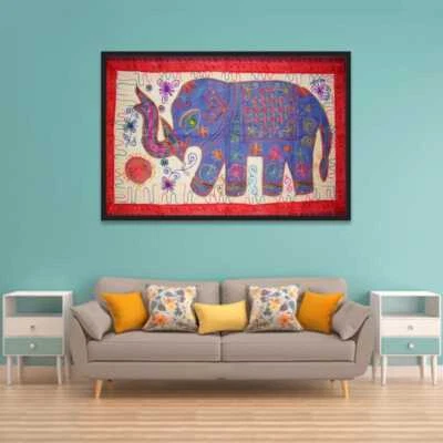 Ethnic wall hanging tapestry hand made embroider large elephant patachwork decor - Image 1 of 2