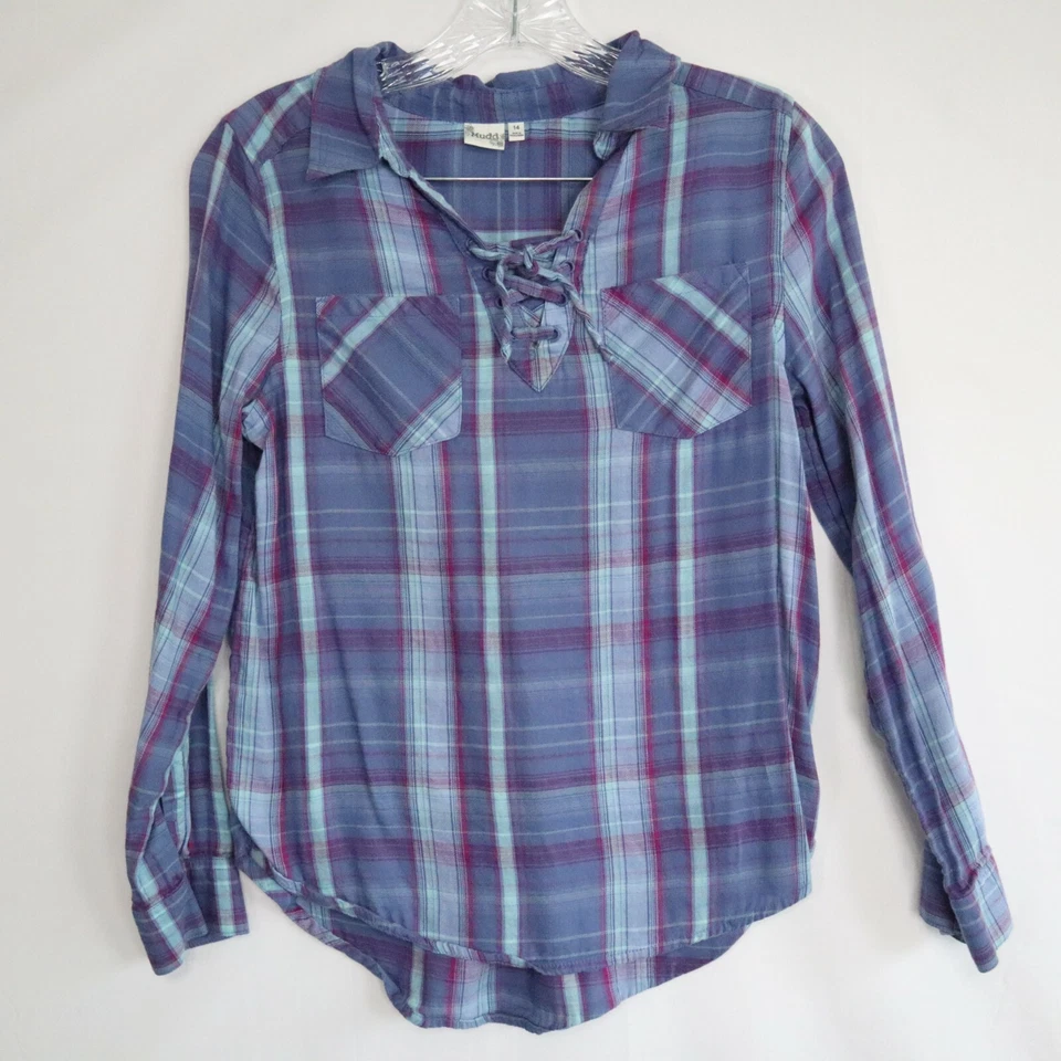 Camisa Mudd Top Niñas 14 Informal Bolsillo Cuello en V Cuello Azul Cuadros Manga Larga Foto 1 de 4