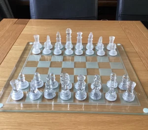 Traditional Glass Chess Set 32Pcs Chess Board 38cm x 38cm Clear & Frosted Glass - Picture 1 of 4
