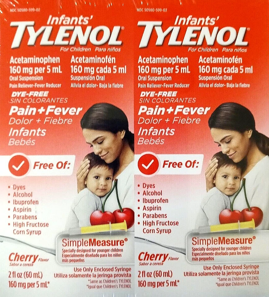4 Infants TYLENOL Cherry Dye Pain Fever Relief 2 Oz 2tylen Age 2-11