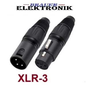 XLR Kupplung 3pol. schwarz 3 polig Kabel Stecker / Buchse Neutrik kompatibel - Picture 1 of 5