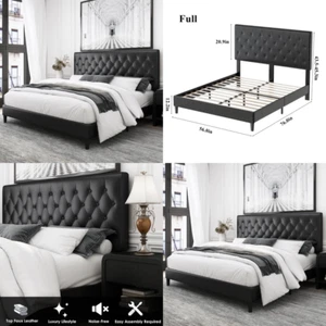 LUXURY Platform Bed Frame Faux Leather Headboard Bedroom Upholstered Button FULL - Picture 1 of 2