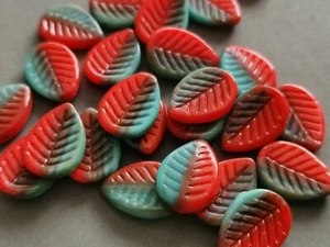 Czech rustic leaf beads red and turquoise large leaf beads 12 x 16 mm - 10 pcs - Picture 1 of 8